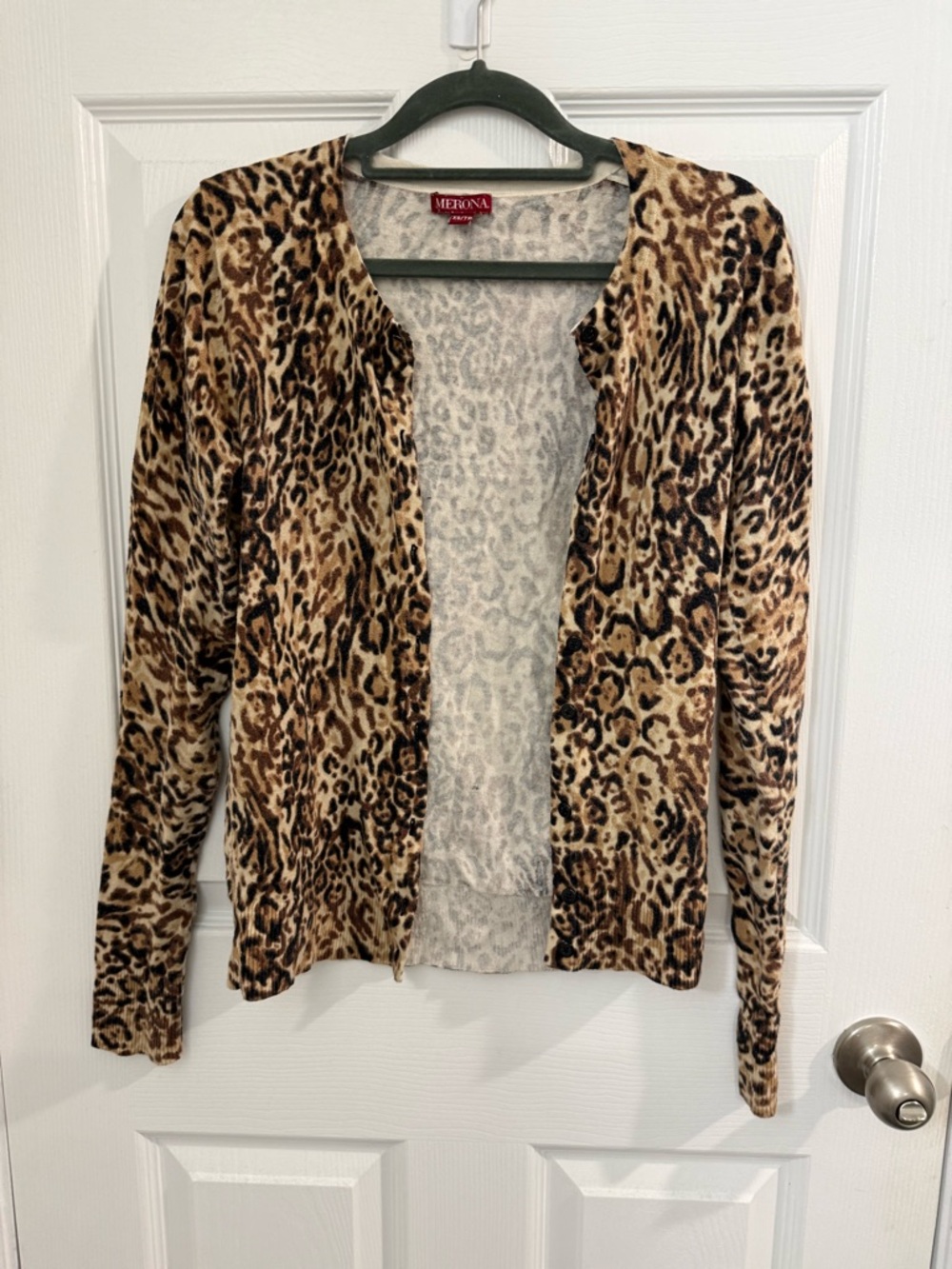 Merona Knit Button Up Crew Neck Long Sleeve Cardigan Leopard Sweater XS